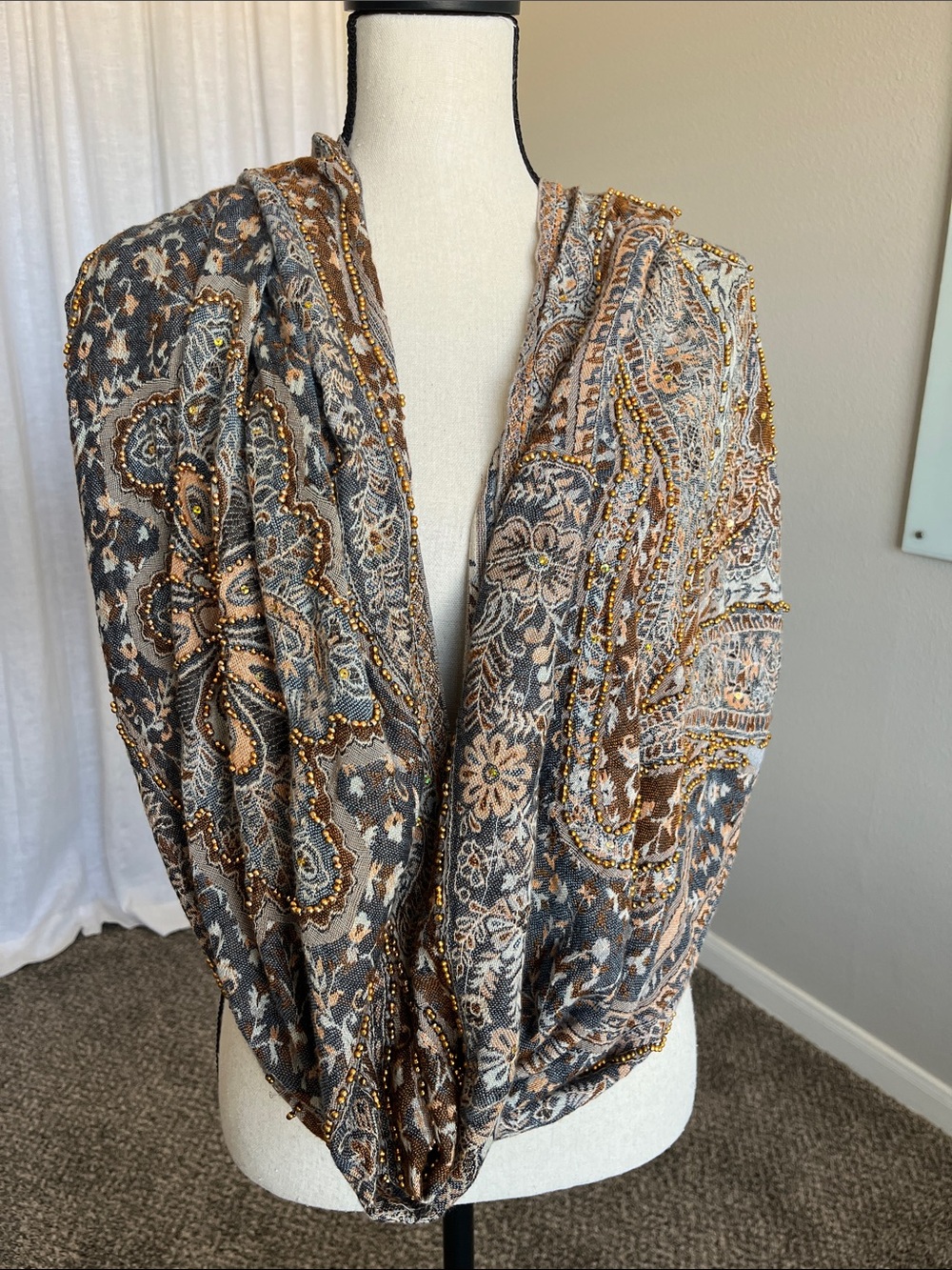 Boho Beaded Paisley Tapestry Infinity Scarf Blue Rust Gold Sequin Ultra Soft